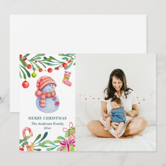 vrolijk kerstfeest. Waterverf schattige sneeuwman  Feestdagenkaart (Voorkant / Achterkant)