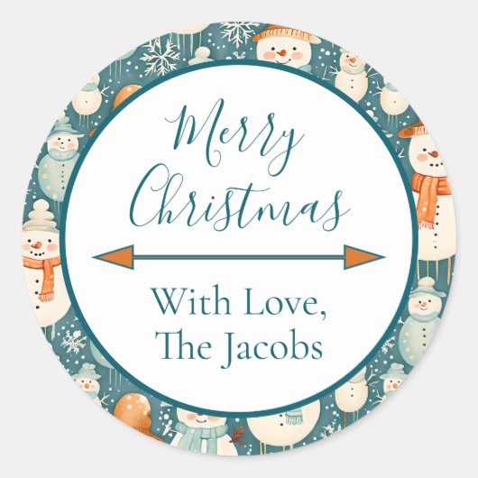 vrolijk kerstfeest | Waterverf Sneeuwmannen Kerst Ronde Sticker (Voorkant)
