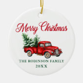 Vrolijk kerstfeest Waterverf  Truck Red Green Keramisch Ornament (Voorkant)