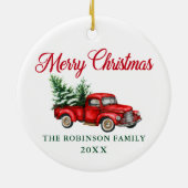 Vrolijk kerstfeest Waterverf  Truck Red Green Keramisch Ornament (Achterkant)