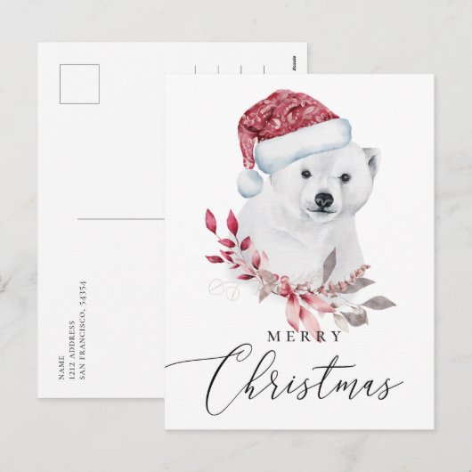 Vrolijk kerstfeest. Waterverf vakantiepolair beer Feestdagenkaart (Voorkant / Achterkant)