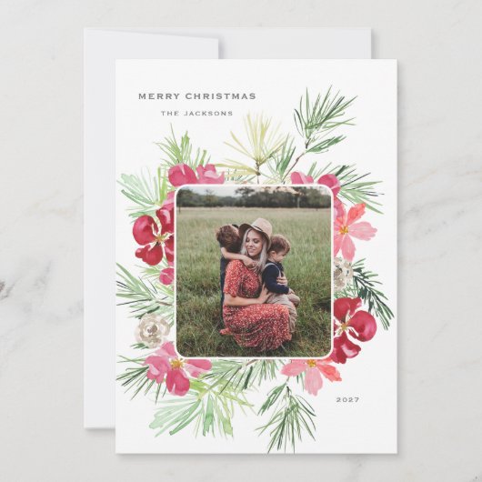 Vrolijk Kerstfeest Waterverf Winter Botanische kra Feestdagenkaart (Voorkant)