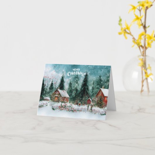 Vrolijk Kerstfeest Waterverf Winterdorp Kaart (Gele Bloem)