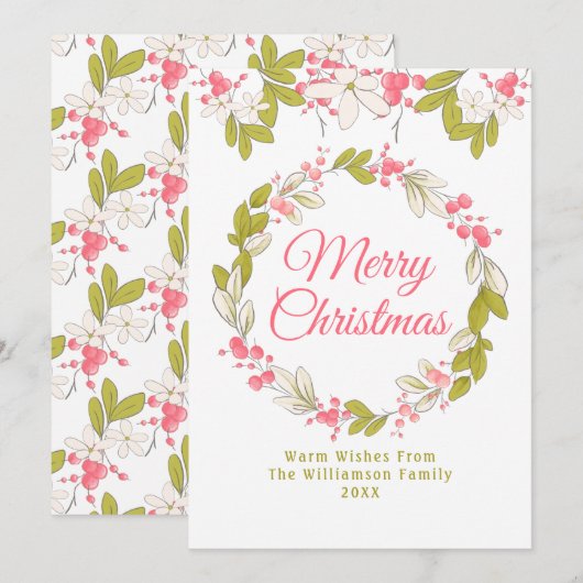 Vrolijk kerstfeest Waterverf Wreath en Berries Kaart (Voorkant / Achterkant)