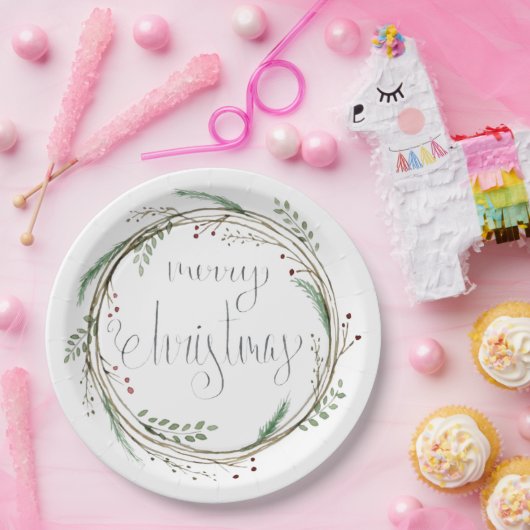 Vrolijk kerstfeest Waterverf Wreath Papieren Bordje (Feest)