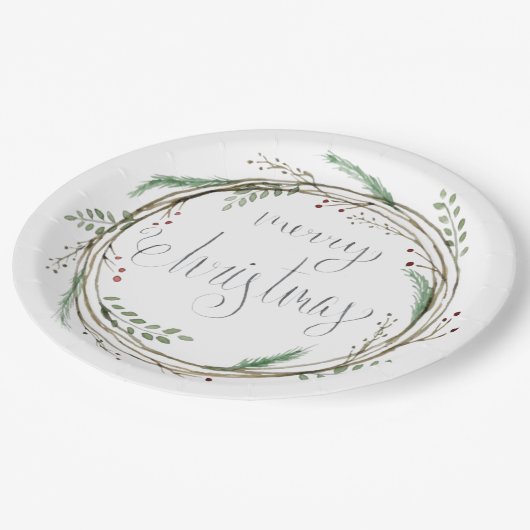 Vrolijk kerstfeest Waterverf Wreath Papieren Bordje (Gekanteld)