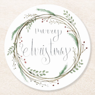 Vrolijk kerstfeest Waterverf Wreath Ronde Kartonnen Onderzetter