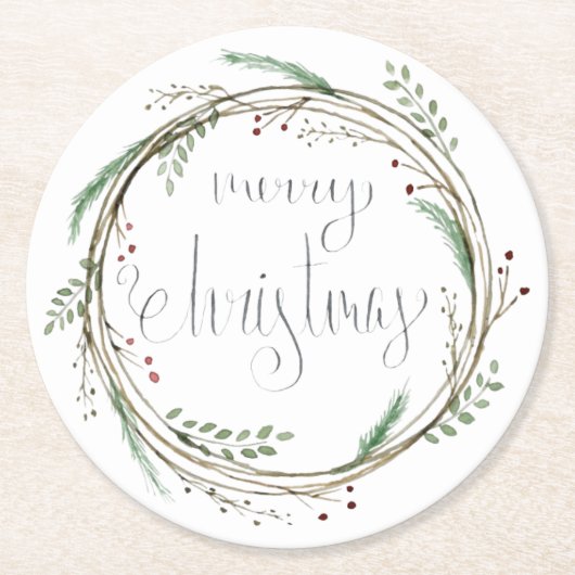 Vrolijk kerstfeest Waterverf Wreath Ronde Kartonnen Onderzetter (Voorkant)