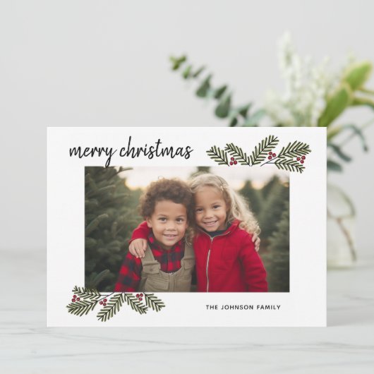 Vrolijk kerstfeest Whimsical Pine Branches - 1 Fot Feestdagenkaart (Staand voorkant)