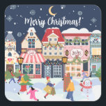 Vrolijk Kerstfeest Whimsy Winter Town Personaliser Vierkante Sticker<br><div class="desc">Kerst grillige winterstad met script typografie "Vrolijk kerstfeest" dat u gemakkelijk kunt personaliseren dit feestelijke sticker label. Ik ontwierp vele elementen van kerstclipkunst en rangschikte ze in een feestelijke compositie met fijne details. Slimme gebouwen, vakantieshoppers en sneeuwvlokken die op de achtergrond vallen met een schattige sneeuwpop. Met een witte typografie...</div>