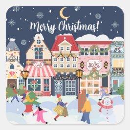 Vrolijk Kerstfeest Whimsy Winter Town Personaliser Vierkante Sticker