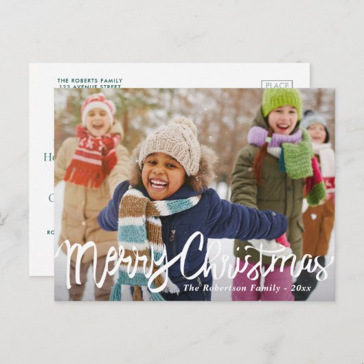 VROLIJK KERSTFEEST | white brush script holiday Briefkaart (Voorkant / Achterkant)