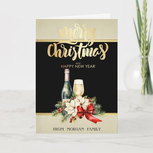 Vrolijk kerstfeest, wijn, Poinsettia Feestdagen Kaart (Voorkant)