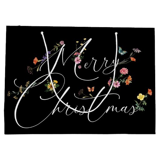 Vrolijk Kerstfeest Wilde Bloemen Vakantie Zwart Mo Groot Cadeauzakje (Achterkant)