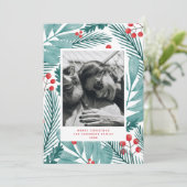 vrolijk kerstfeest. Winter bloemen & dennen foto Feestdagenkaart (Staand voorkant)