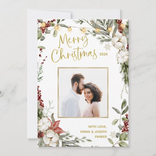 vrolijk kerstfeest | Winter Bloemen en Foto en Gou Feestdagenkaart (Voorkant)