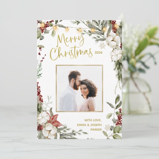 vrolijk kerstfeest | Winter Bloemen en Foto en Gou Feestdagenkaart (Staand voorkant)
