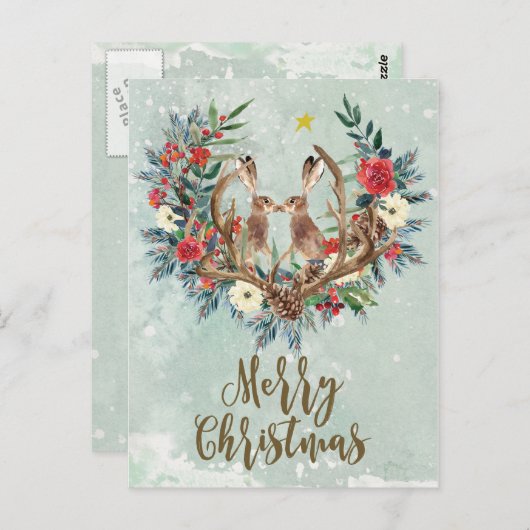 Vrolijk Kerstfeest Winter Bloemenhazen briefkaart (Voorkant / Achterkant)