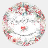 Vrolijk Kerstfeest Winter Rode Bloemen Botanisch Ronde Sticker (Voorkant)