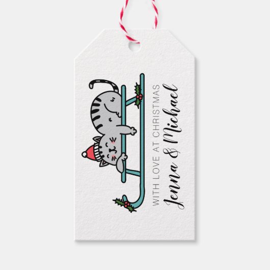 Vrolijk kerstfeest | Winter Sled Cat Cadeaulabel (Voorkant)
