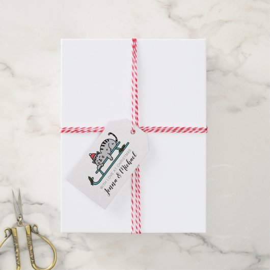 Vrolijk kerstfeest | Winter Sled Cat Cadeaulabel (Met Touw)