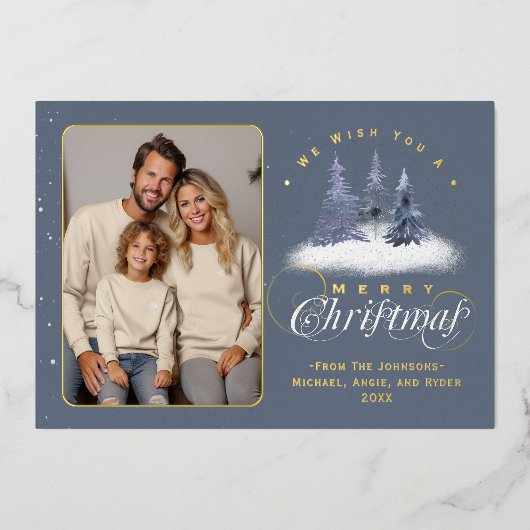 Vrolijk Kerstfeest Winter Sneeuw Familie Foto Goud Folie Feestdagenkaart (Voorkant)