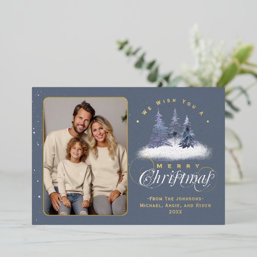 Vrolijk Kerstfeest Winter Sneeuw Familie Foto Goud Folie Feestdagenkaart (Staand Voorkant)