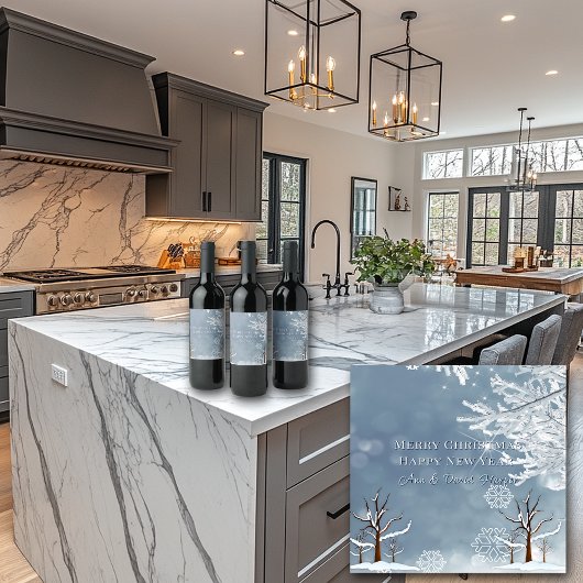 Vrolijk Kerstfeest Winter Sneeuwvlokken Bomen Wijn Etiket