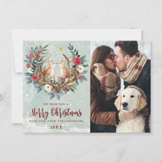 Vrolijk Kerstfeest Winter Sneeuwvossen Fotokaart Feestdagenkaart (Voorkant)