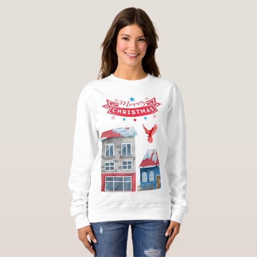 Vrolijk Kerstfeest Winter Town Scene Rode Kardinaa Trui (Voorkant volledig)