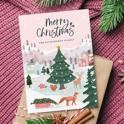 Vrolijk Kerstfeest Winter Wonderland Bos Dieren Feestdagenkaart