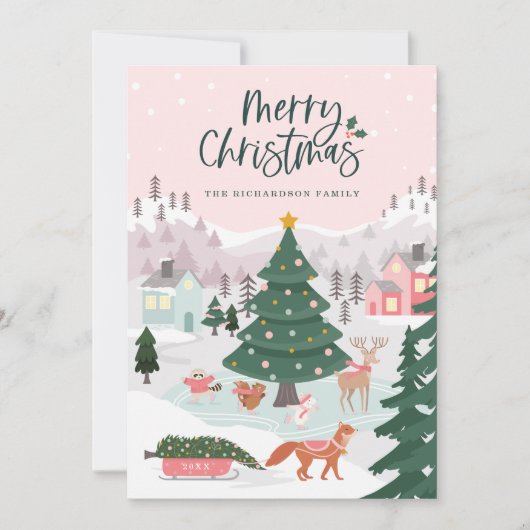 Vrolijk Kerstfeest Winter Wonderland Bos Dieren Feestdagenkaart (Voorkant)
