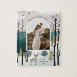 vrolijk kerstfeest. Winterbos noordse foto Legpuzzel<br><div class="desc">Kerst foto puzzel met cartoon winterbos noordse landschap.</div>