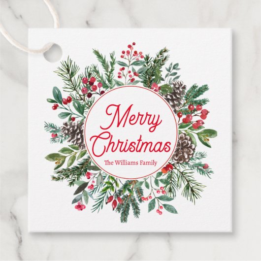 Vrolijk Kerstfeest Wintergroen Rood script Bedankjes Labels (Voorkant)