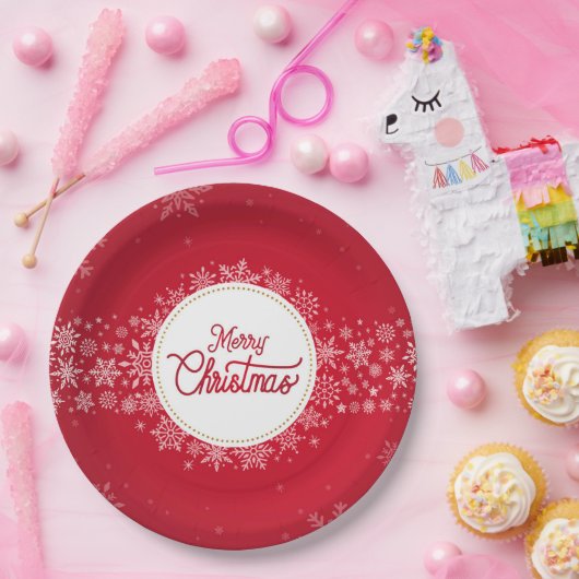 Vrolijk kerstfeest wintersneeuwvlokken rood papieren bordje (Feest)