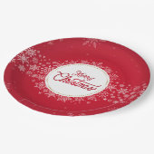 Vrolijk kerstfeest wintersneeuwvlokken rood papieren bordje (Gekanteld)
