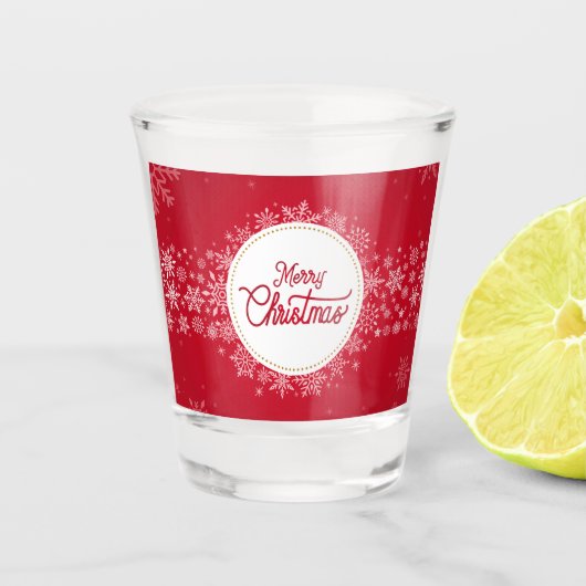 Vrolijk kerstfeest wintersneeuwvlokken rood shot glas (Voorkant)