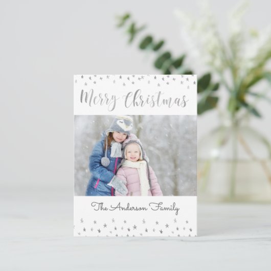 Vrolijk Kerstfeest Wit en Zilveren Folie Sterren F Feestdagenkaart (Staand voorkant)