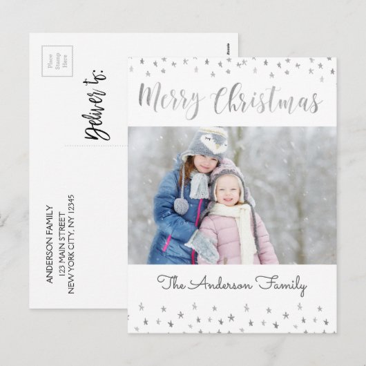 Vrolijk Kerstfeest Wit en Zilveren Folie Sterren F Feestdagenkaart (Voorkant / Achterkant)