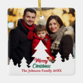 Vrolijk Kerstfeest Witte Bomen Familie Foto Custom Keramisch Ornament (Voorkant)