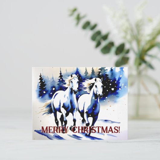 Vrolijk kerstfeest witte paarden waterverf groeten briefkaart (Staand voorkant)