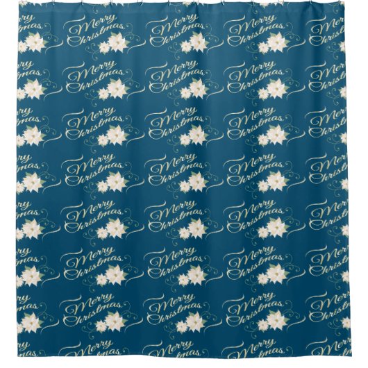 Vrolijk Kerstfeest Witte Poinsettia Donkerblauw Douchegordijn (Voorkant)