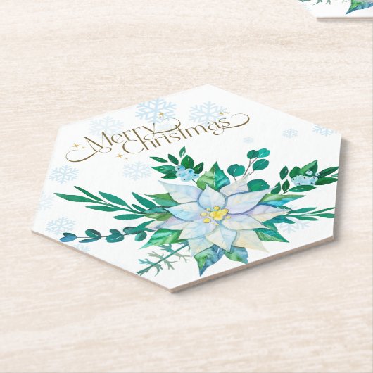 Vrolijk Kerstfeest Witte Poinsettia Sneeuwvlokken Kartonnen Onderzetters (Schuin)
