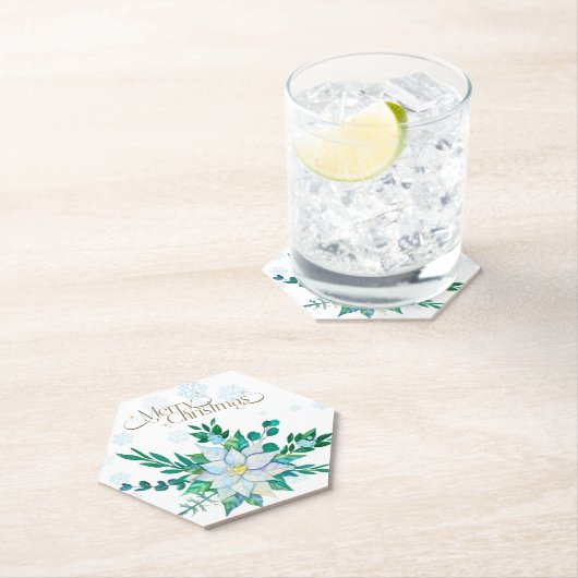 Vrolijk Kerstfeest Witte Poinsettia Sneeuwvlokken Kartonnen Onderzetters (Insitu)