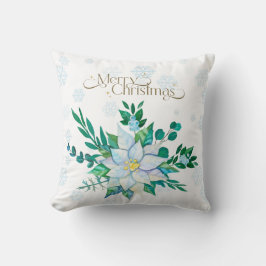 Vrolijk Kerstfeest Witte Poinsettia Sneeuwvlokken Kussen
