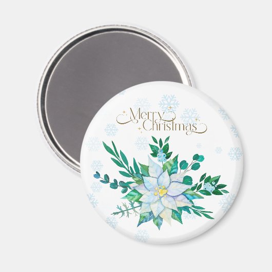 Vrolijk Kerstfeest Witte Poinsettia Sneeuwvlokken Magneet (Voorkant / Achterkant)