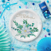 Vrolijk Kerstfeest Witte Poinsettia Sneeuwvlokken Papieren Bordje (Feest)