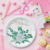 Vrolijk Kerstfeest Witte Poinsettia Sneeuwvlokken Papieren Bordje (Feest)