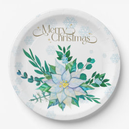 Vrolijk Kerstfeest Witte Poinsettia Sneeuwvlokken Papieren Bordje