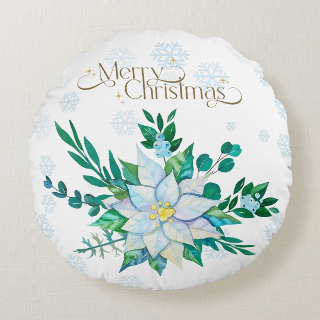 Vrolijk Kerstfeest Witte Poinsettia Sneeuwvlokken Rond Kussen (Voorkant)